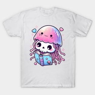 Kawaii Skeleton In a Jellyfish Costume Reading Book T-Shirt